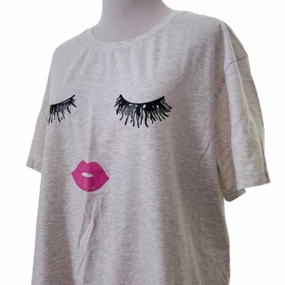 Women's Eyelash Face Lips Heathered Grey T-Shirt - Picture 2 of 6